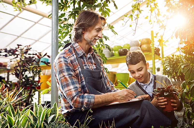 Man and boy in greenhouse