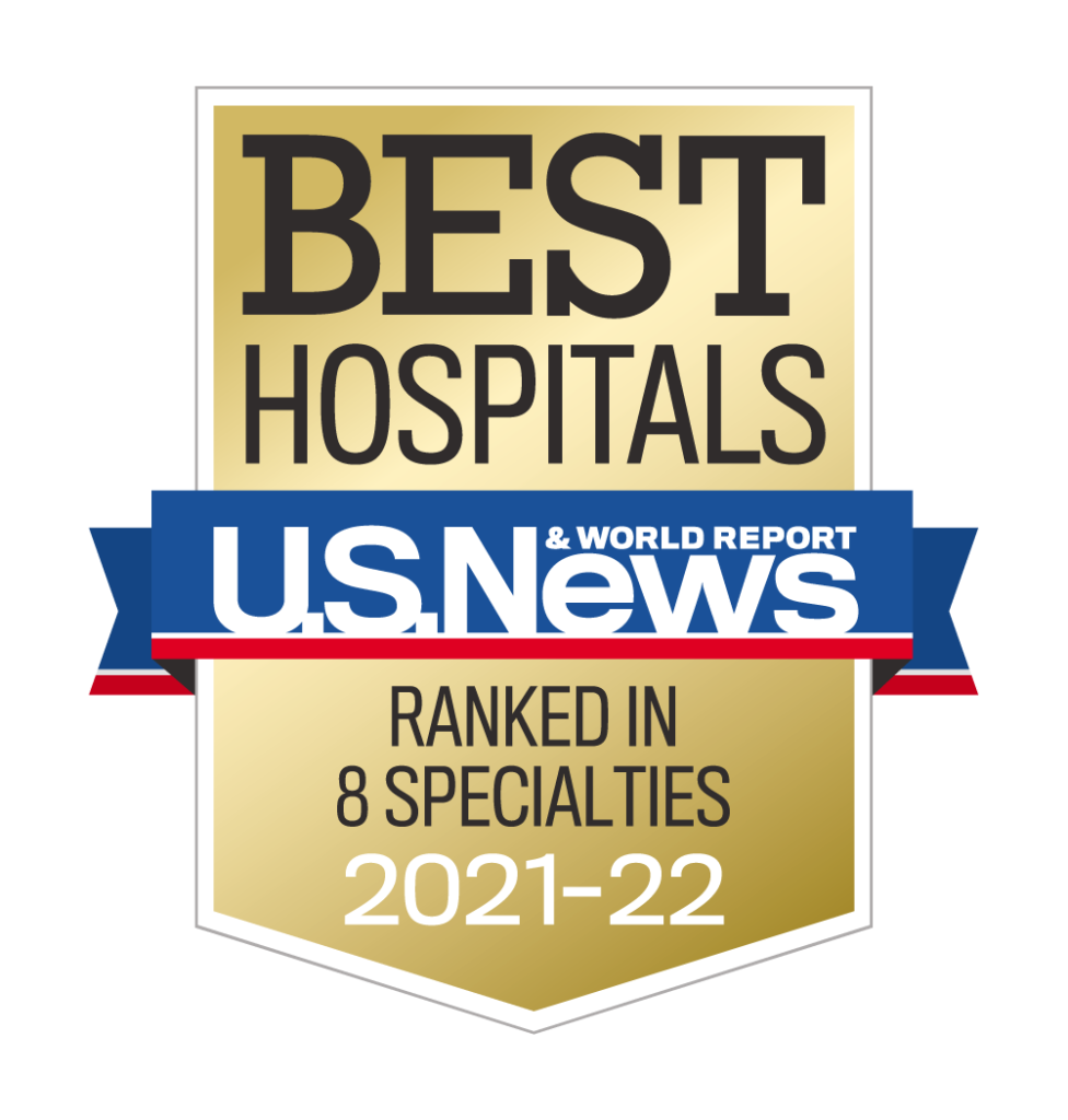 US News Best Hospitals Ranked in 8 specialties badge - 2021-22