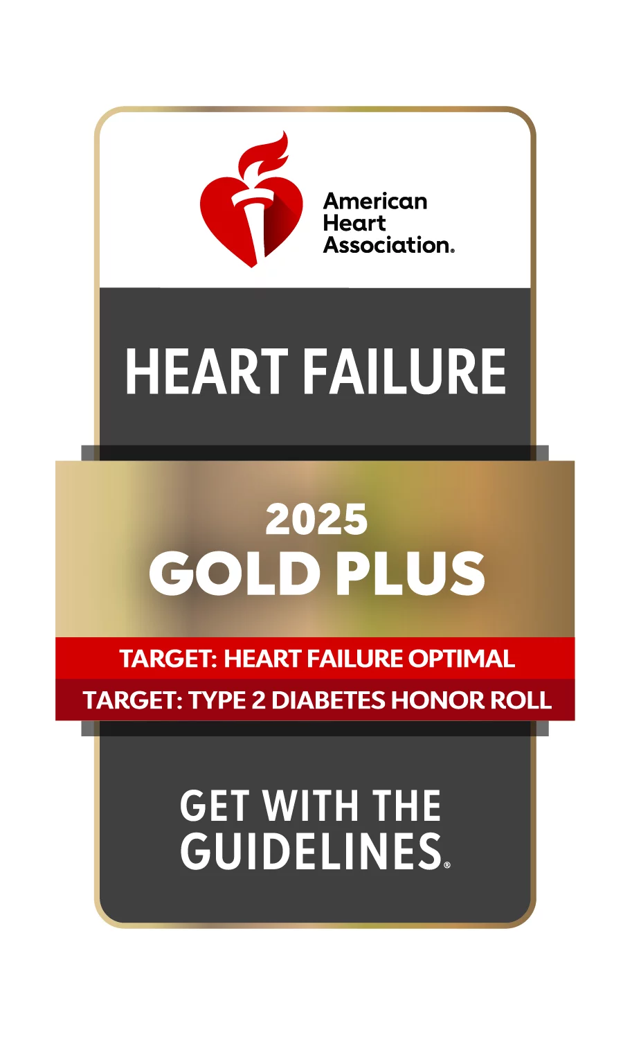 Insignia de la AHA Get With the Guidelines 2023 Gold Plus para insuficiencia cardíaca