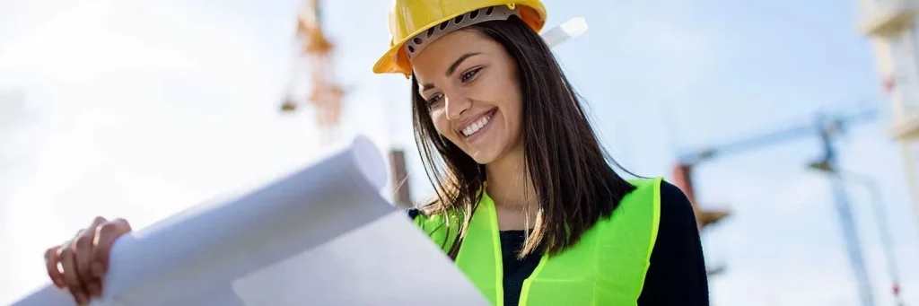 UCHealth Employer Solutions. Woman looking at blue prints with hard hat on.