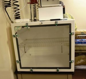 The vaporfrom e-cigarette is pumped into this smoking chamber, which houses the study animals (who are not in this photo).