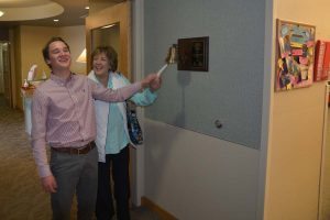 Kelly with Dustin Radke, who donated stem cells sufficient for two transplants Kelly received. The two met in the BMT Unit Jan. 13 and rang a bell signaling the successful transplant.