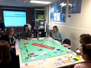 group of students sit around what looks like a monopoly board during clinical orientation
