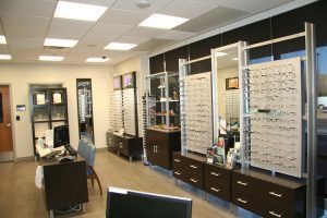 front office of the ophthalmologist with eye glasses displayed on the back wall