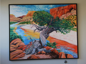 painting of the river in a canyon and a bike sitting next to a tree by that river.
