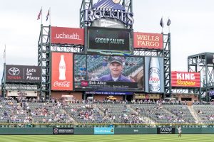 This photo shows Bob Allen on the big screen display at a Colorado Rockies baseball game.