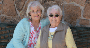 Jeannette Thurman poses outside with her mom Dawn. Both are breast cancer survivors.