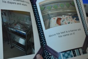 This photo shows a personalized book that Child Life specialists at UCHealth Memorial Hospital created to help siblings understand what happens in a NICU.