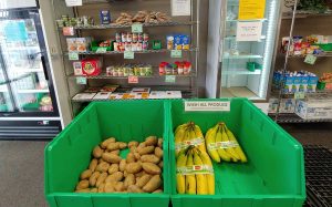 bananas and potatoes in a bin with other food on shelves at a food pantry in Fort Collins