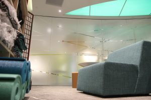 On the community-focused first floor, there also is a reflection area for relaxation, meditation and prayer. Elegant lighting and comfy chairs fill the space, and visitors can use the yoga mats or blankets stored on shelving, or the relaxation pod for a few minutes of quiet time.