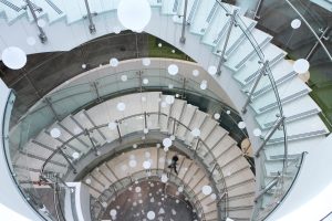 A spriral staircase is a main feature of the new Health and Medical Center at CSU. The new facility promotes health and wellness, both with the services it offers to the community and CSU students and through the design itself.