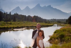 Ellie and her husband, Phil, on their wedding day in the Tetons.