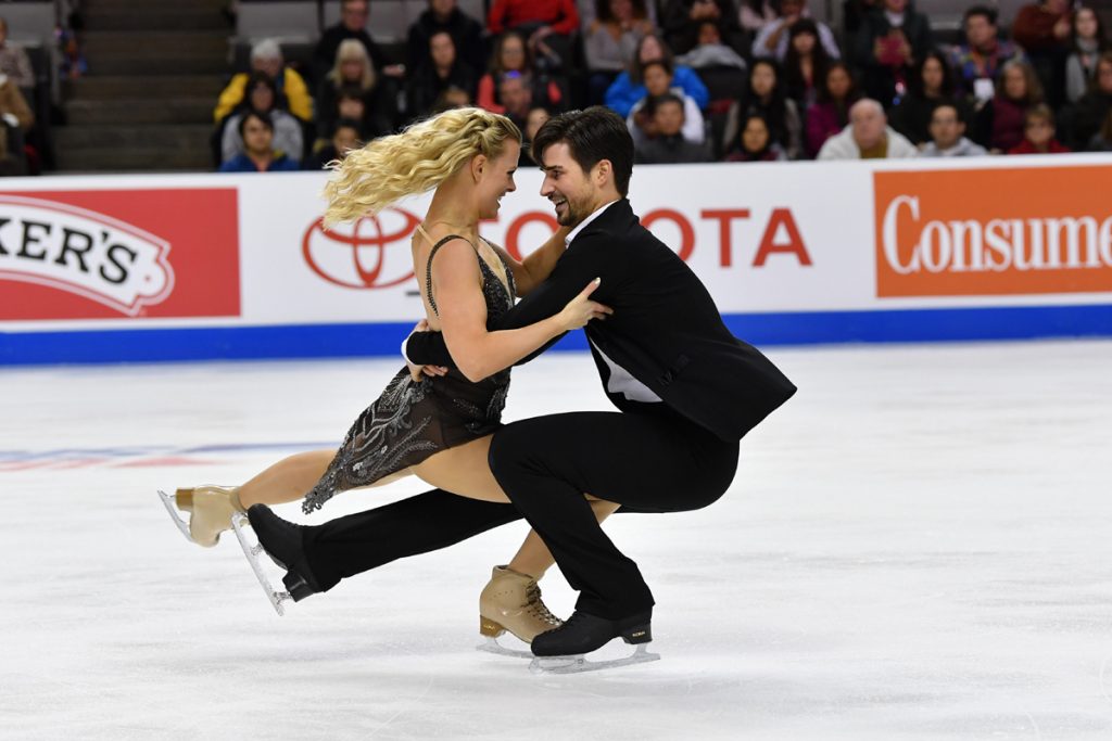 U.S. Olympic team skaters, Madison Hubbell and Zachary Donohue, do a spin together while competing at the U.S. Figure Skating Championships in San Jose, CA.