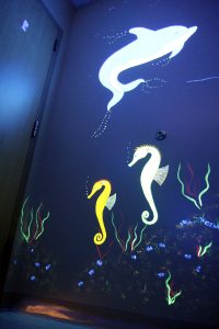 Sea creatures in black light on the wall.