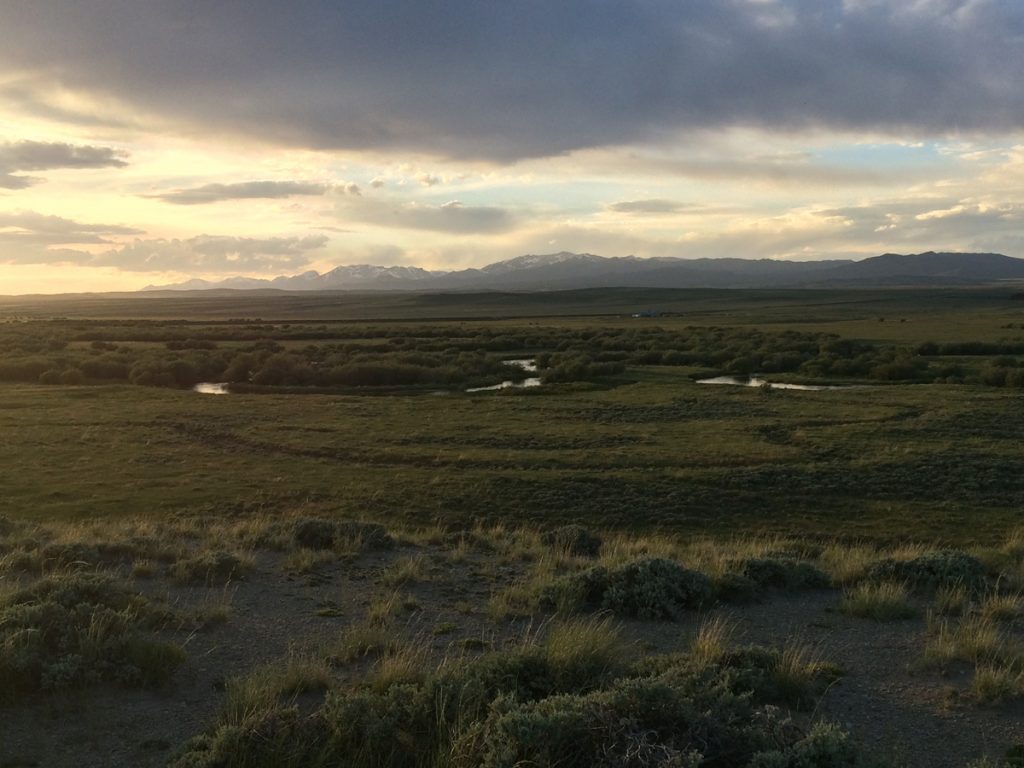 Ranch land in Wyoming with mountains in the distance.