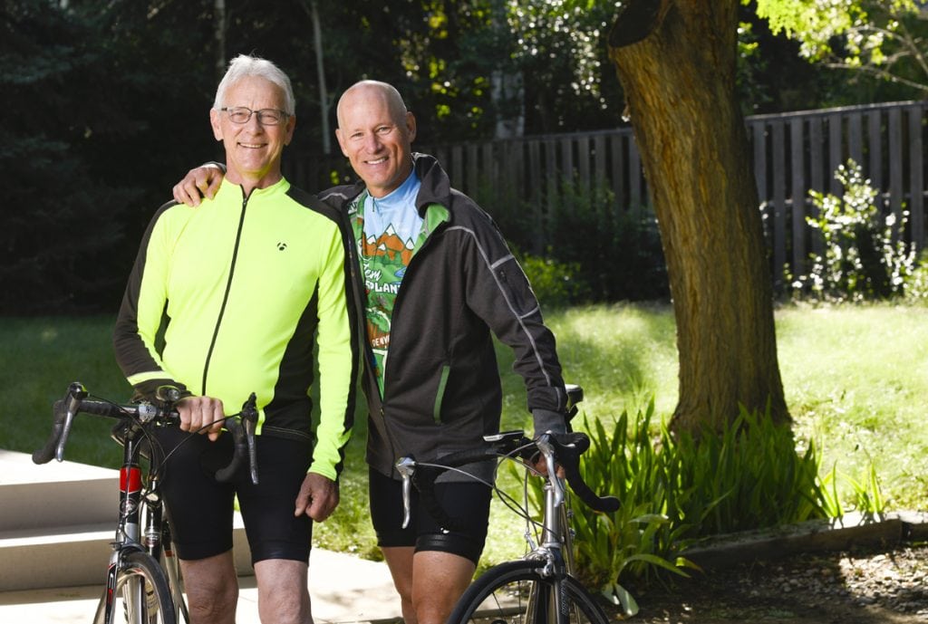 Jim Eastman, left, and Scott La Point meet for a training ride before heading to Utah next month for the Transplant Games of America. They are posing with their road bikes. Photo by Cyrus McCrimmon for UCHealth.