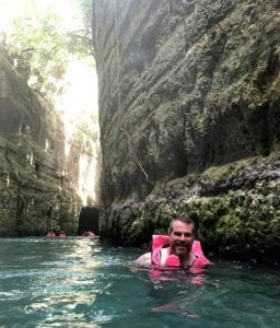 James Morales swimming in a cave in Mexico.