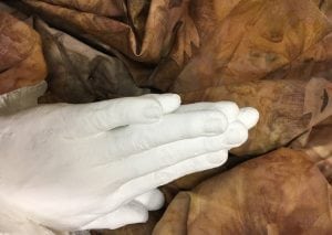The finished casts of the Alires hands that Jones produced. They are a memento of the couples devotion to one another