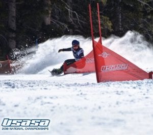 Maggie Carrigan competes in an alpine snowboarding competition.