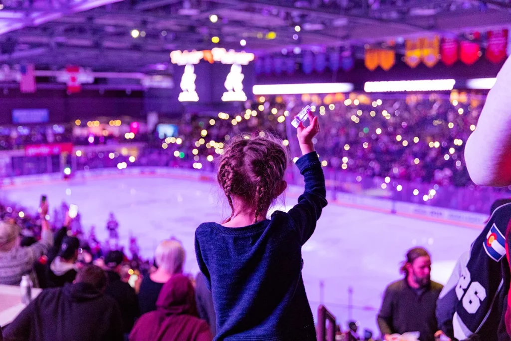 Hockey fans pay special tribute to all lives touched by cancer each January during the Colorado Eagles Fight Cancer Night game. Photo by Jordan Reyes Imagery, for Colorado Eagles.