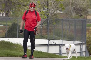 Steven Rutledge walks his dog, Saffy, on a sidewalk. He said he's been free of abnormal heart rhythm since his ablation procedure.