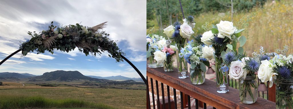 Flowers are shown on a wire arch and then in glass vases in this photo.