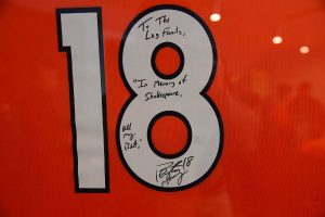 Broncos jersey dedicated to Shakespeare Log, an organ donor.