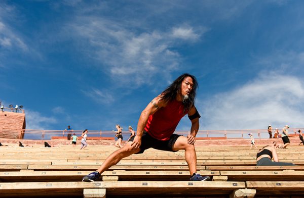 A man works out at Red Rocks, Colorado's famous outdoor concert venue.