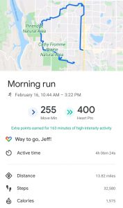 running app photo shows Jeff Greve's route after a Sunday run with his therapists.