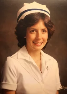 Karen Follett in nursing uniform of the 1980s