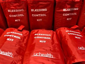 Stop the Bleed kits include a pair of trauma shears to cut off clothing that may be in the way; nitrile gloves; sterile gauze; and perhaps most importantly, a tourniquet and a marker for noting what time the tourniquet was put on. Photo: UCHealth.