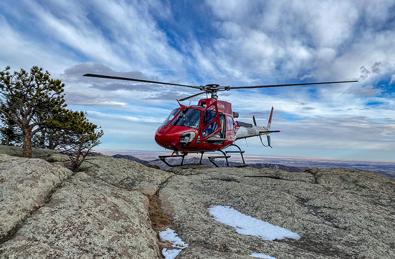 LifeLine medical helicopter atop of Greyrock mountain summit during the hiker rescue on Jan. 7, 2021. Photo by Samual Boyer-Groff, UCHealth LifeLine.