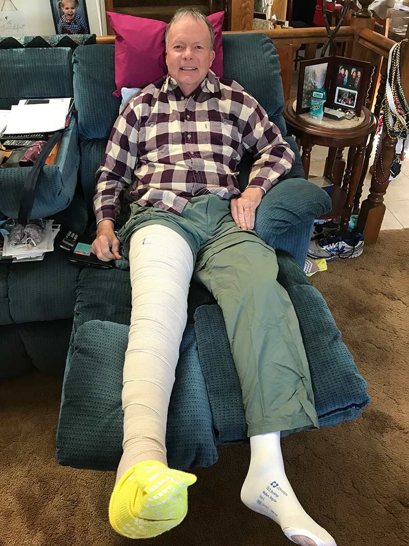 Phil Sheridan after leaving PVH emergency room awaiting his next-day surgery on his leg.