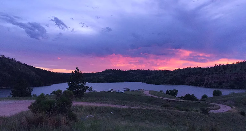 Crow Reservoir, part of Curt Gowdy State Park in Wyoming, at sunset.