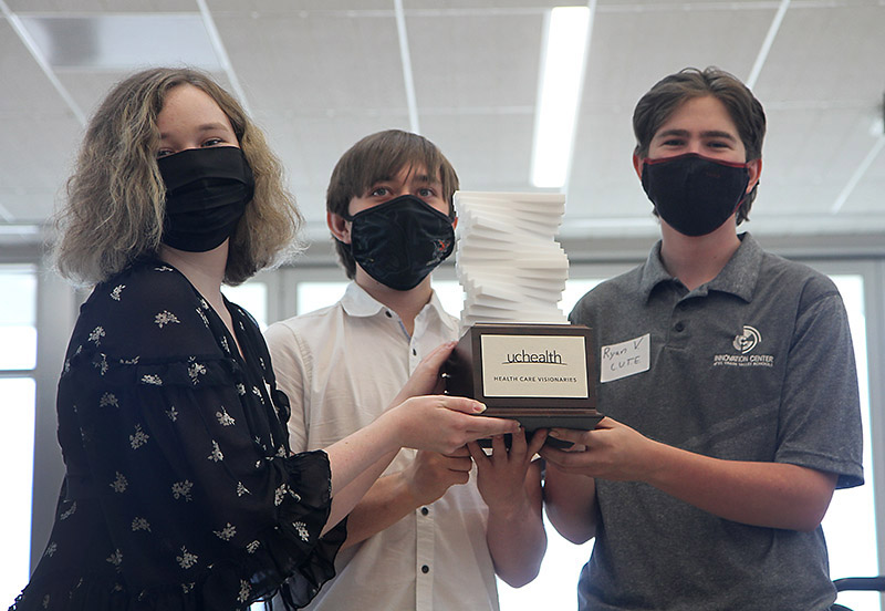 At the end of the hour-long drama, Team C.U.T.E. won top innovator honors for its design of an autonomous robot delivering food to patients to free up hospital staff time and resources. The team included: Jocelyn Gunn from Niwot High School, Alex Miller and Ryan Velarde from Erie High School and Mia Novick from Longmont High School.