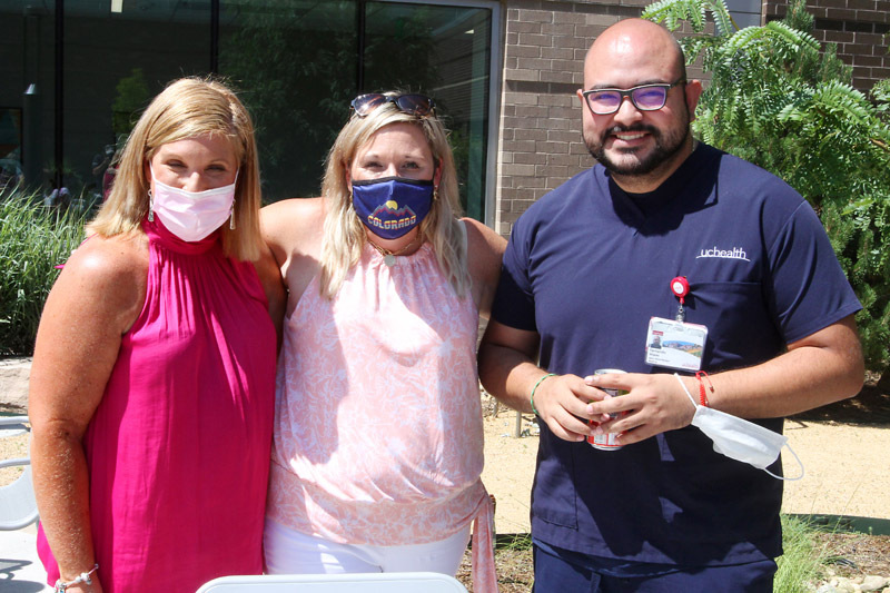 From left, Jacob Larson's mom, Lynn Braun, his aunt, Sarah Braun, and Fernando Mijares, associate nurse manager of Longs Peak Hospital medical/surgical unit. Photo by Joel Blocker, for UCHealth.