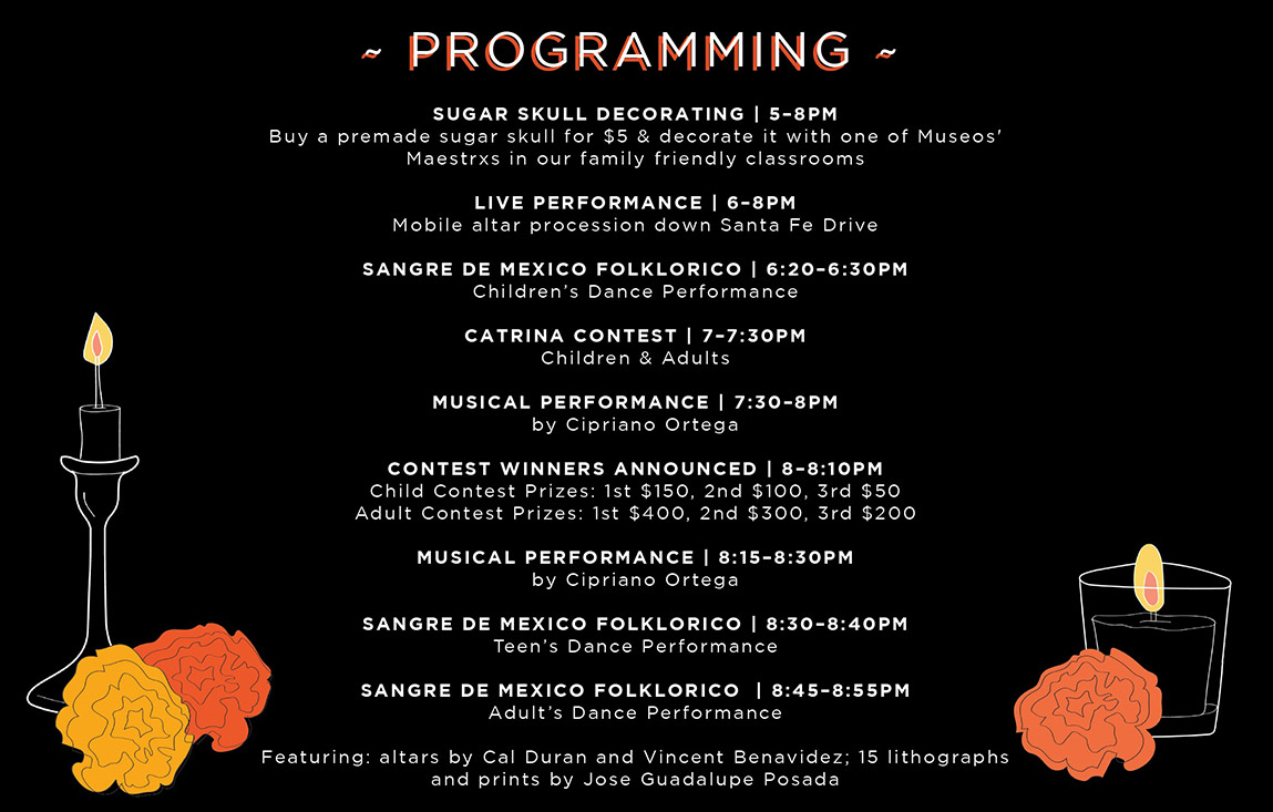 How to celebrate Day of the Dead. Image shows lineup of events for 2021 First Friday in Denver's Santa Fe Art District.