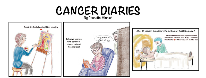 Cancer diaries by Jeanette Minnich, show three cartoons depict her cancer journey.