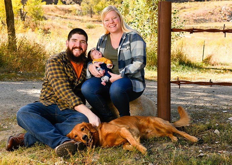 The Mays family with their dog, Porter. Sarah was pregnant with COVID-19 and nearly died. The family feels really lucky that both Sarah and her daughter survived.