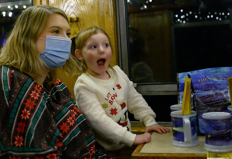 A little girl sees Santa coming during her ride on "The Polar Express" on the Durango & Silverton Narrow Gauge Railroad. Photo courtesy of Durango & Silverton Narrow Gauge Railroad.