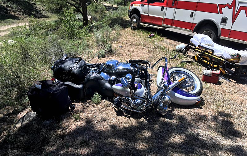 Leann Krayenhagen's motocycle after her crash that took her to the trauma center at Medical Center of the Rockies to fight for her life.