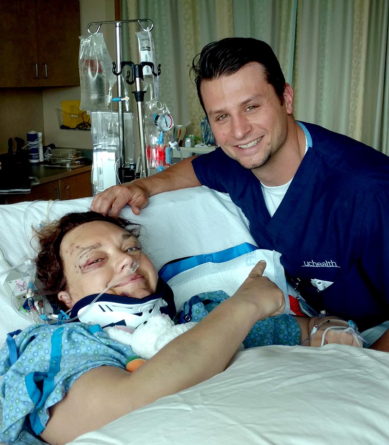 Ben Irvine, an ICU nurse at the trauma center at Medical Center of the Rockies, with Leann at the hospital