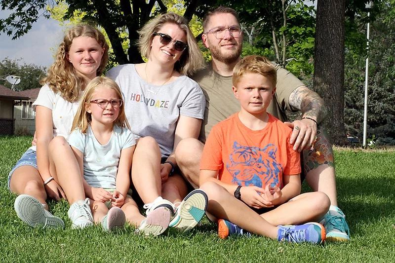 Dave is grateful to have survived so he can spend time with his girlfriend, Holly and his kids, left to right, daughters, Madilynn, 11, Macy, 5, and son, Maddox, 9. Photo by Joel Blocker, for UCHealth.