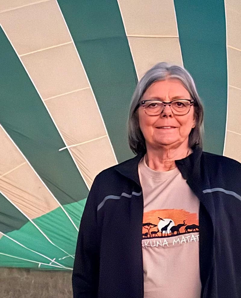 A healthy Val Frank prepares for a balloon ride over Kenya’s Masai Mara National Reserve in early June. Photo courtesy of Val Frank.