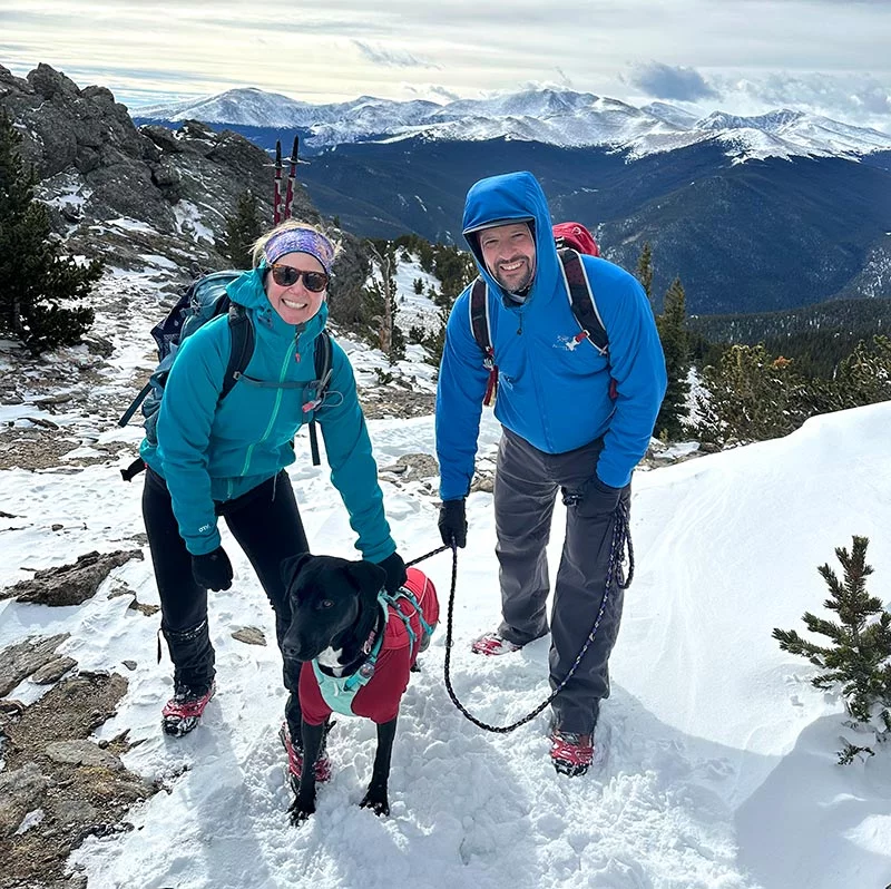 Kate, John and Lindy celebrated the six month anniversary of her survival with Lindy on a snowshoeing trip in December west of Denver. Photo courtesy of Kate and John.