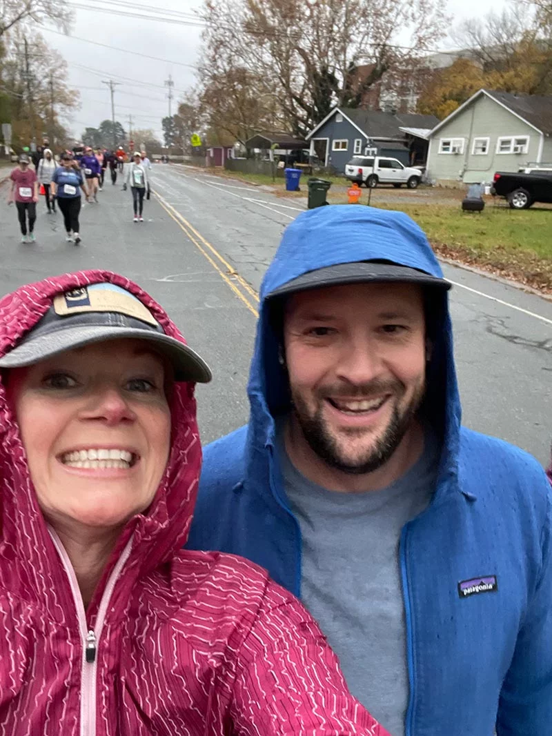 Kate and John participated in a 5-mile Thanksgiving Day race in North Carolina months after her sudden cardiac arrest. She feels overwhelming gratitude to be alive. Photo courtesy of Kate and John.
