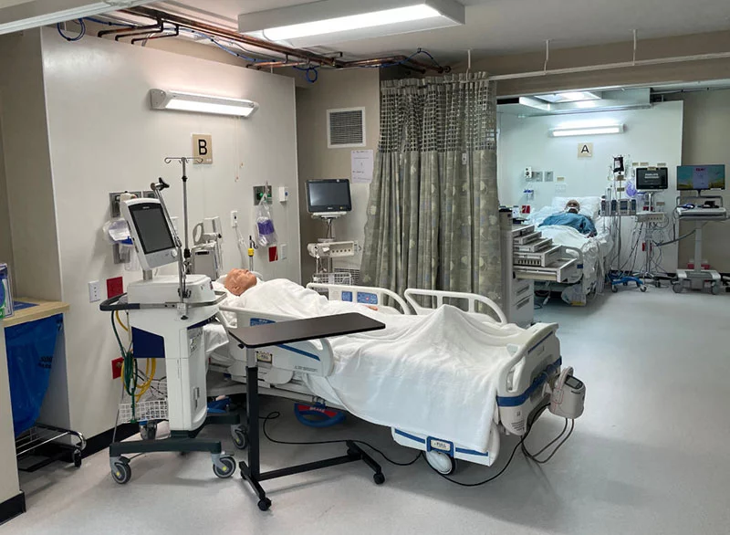 The Hotel2Hosital team turned three adjacent second-floor Hyatt hotel rooms into a four-person ICU complete with power, oxygen, medical vacuum, telehealth access, and more – in just two weeks. Photo by Todd Neff for UCHealth.
