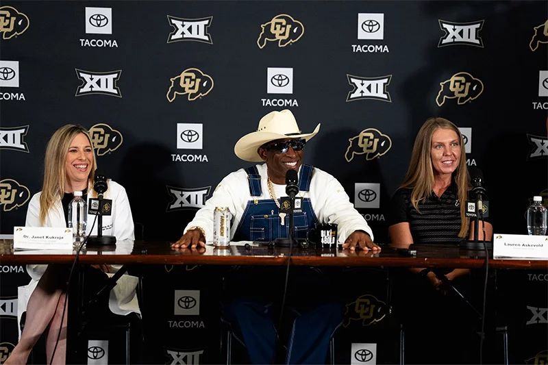 Coach Prime held a press conference on July 28, 2025, to talk about his return to coaching after a fierce battle with bladder cancer. Photo courtesy of University of Colorado Athletics.
