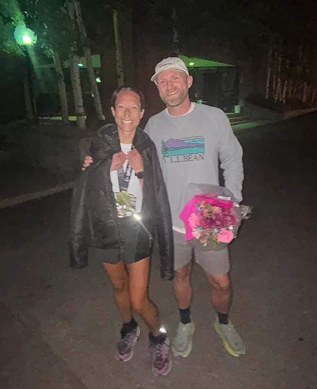 Dr. Anne Flower and husband, James Patton, at the finish of the Leadville Trail 100 race. Photo courtesy of Anne Flower.