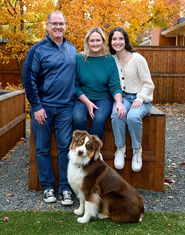 Carey Benson with her support team, husband Paul Soucek and "bonus daughter," Sofia Soucek, 16, in their Denver backyard. Photo by Sonya Doctorian, UCHealth.